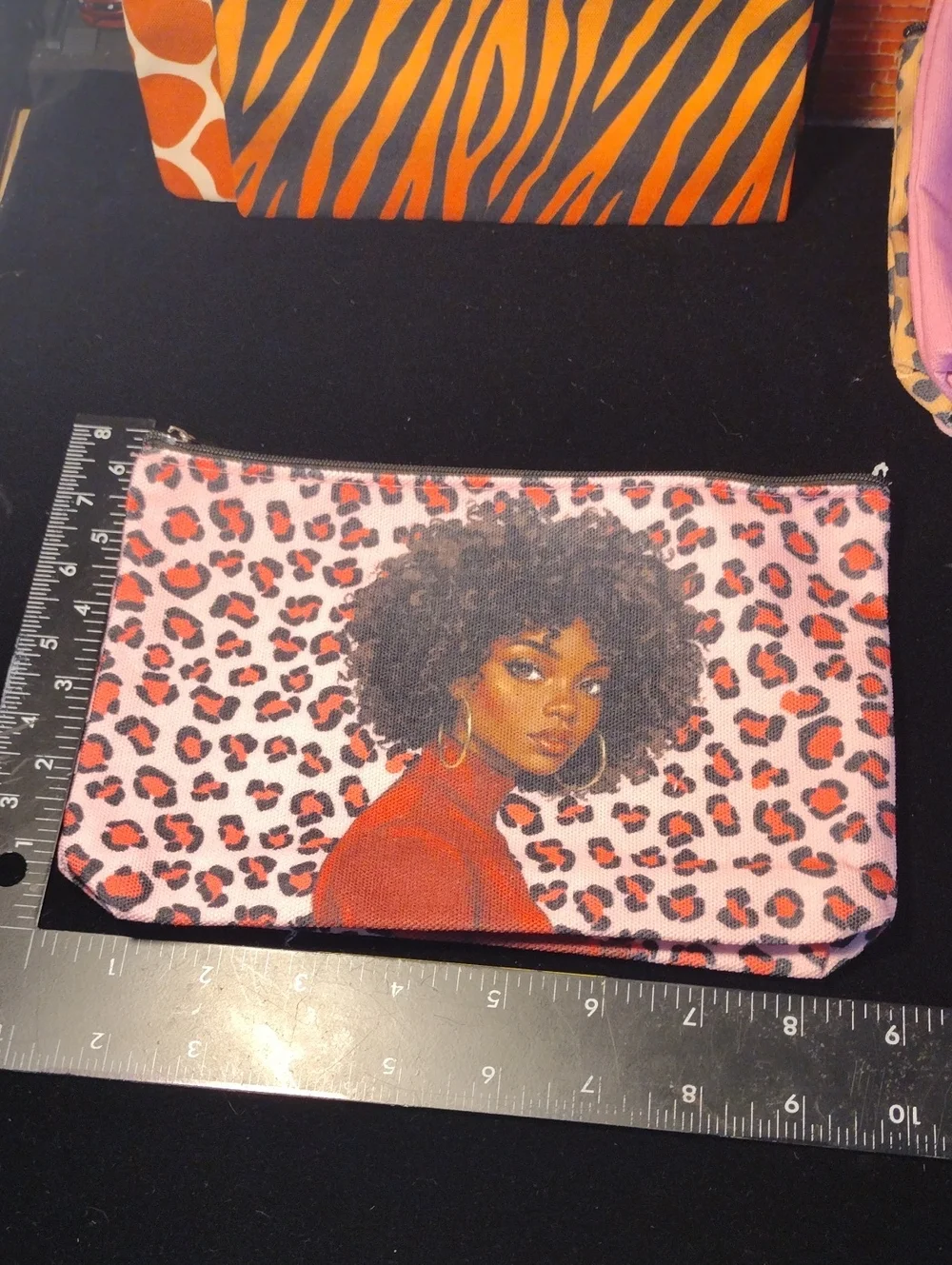 Chic Afro Portrait Leopard Print Cosmetic Bag - Pink/Orange